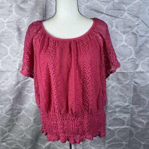 Beverly Drive Pink Lace Blouse w/ Smocked Hem | Size 3X